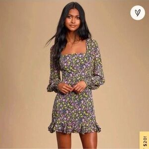 Lulus NWT Bouquet Beauty Navy Blue Floral Print Square Neck Mini Dress